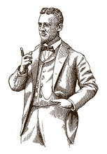 Historical Man Wearing Bow Tie And Raising Index Finger. Illustration After Engraving From 19th Century