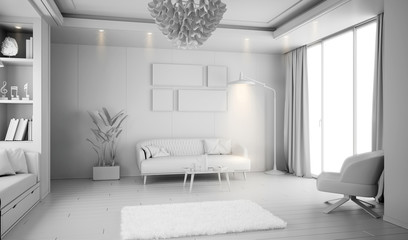 Modern white bright interior with sofa and lamp