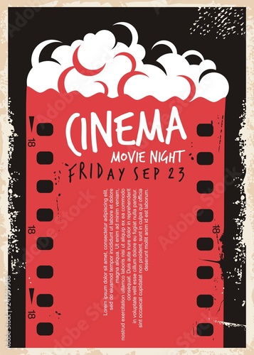 Cinema Movie Poster With Film Strip And Pop Corn Night Flyer Cinema Movie Poster With Film Strip And Pop Corn Night Flyer Template Retro Ad Concept On Old Paper Textured Background