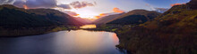 Scottish Beautiful Colorful Sunset Landscape With Loch Voil, Mountains And Forest At Loch Lomond & The Trossachs National Park