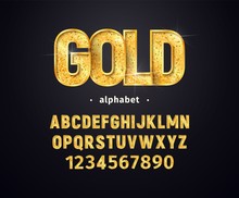 Vector Golden Alphabet. Set Of Gold Letters And Numbers Isolated Design Elements. Collection Of Shiny Luxury Font