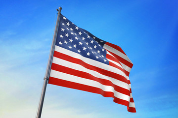 United States flag waving on the blue sky 3D illustration