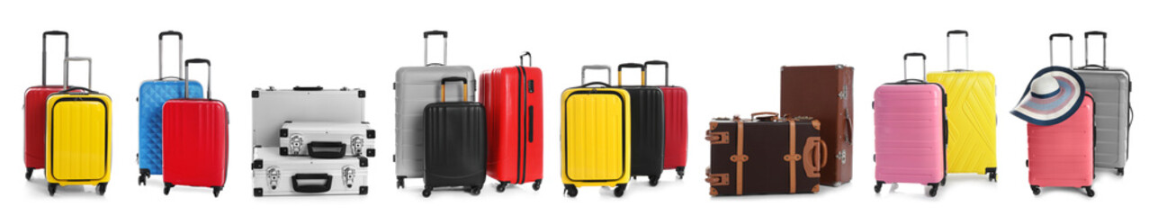 Set of different suitcases for travelling on white background