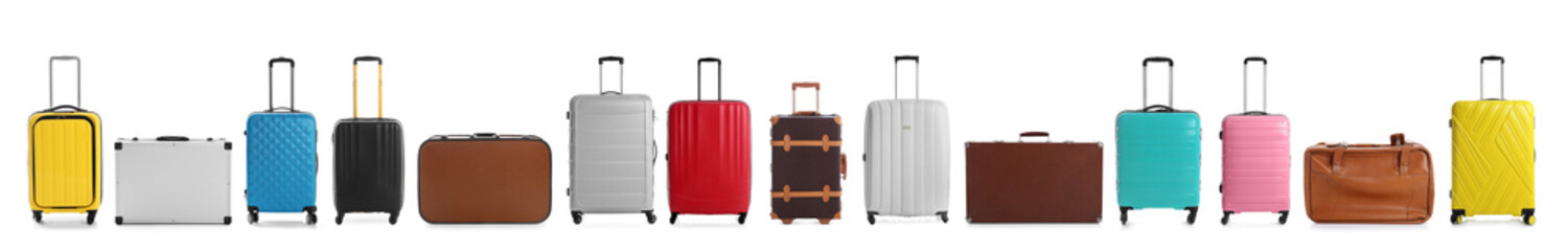 Set of different suitcases for travelling on white background