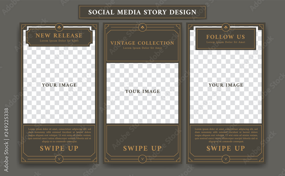 Editable Social media story design template in vintage artdeco retro frame style for new product promotion collage of product details and follow action with paragraph text - obrazy, fototapety, plakaty 