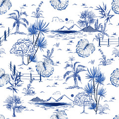 Trendy Hand drawing sketch line scenery or lanscape  monotone blue in seamless pattern vector design for fashion fabric ,wallpaper and all prints