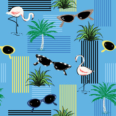 Wall Mural - Beautiful Decorative seamless pattern with hand-drawn flamingo,palm tree, sunglasses. Summer elements with colorful stripes design forfashion,fabric,and all prints