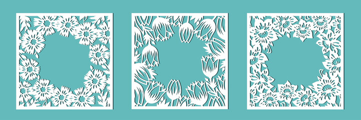 Tulip, cornflower, daffodil. A set of floral frames for cutting out of paper, laser or plotter. Vector