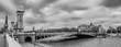Moody cityscape panorama with Pont Alexandre III bridge and Seine river in Paris, France in black and white treatment