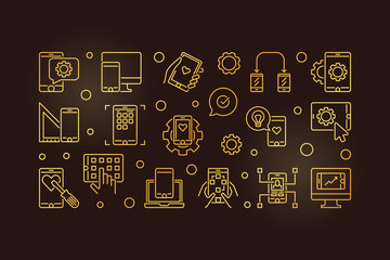 Poster - mobile application development vector golden outline illustration. app development concept horizonta