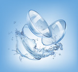 Fototapeta  - Vector illustration of realistic contact lenses for eyes in splashing water. Ads template on background