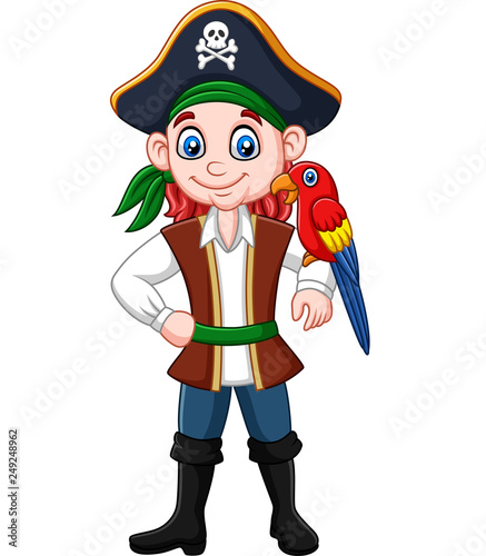 Cartoon captain pirate with macaw bird