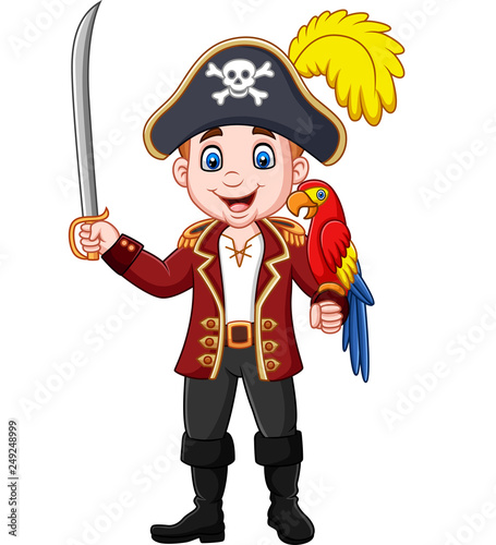 Cartoon pirate captain holding sword with macaw bird