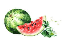 Whole And Slices Ripe Watermelon With Green Leaves. Watercolor Hand Drawn Illustration, Isolated On White Background