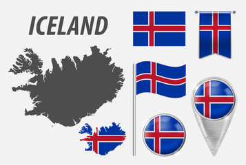 Canvas Print - ICELAND. Collection of symbols in colors national flag on various objects isolated on white background. Flag, pointer, button, waving and hanging flag, detailed outline map and country inside flag.