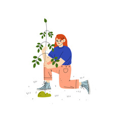 Poster - Girl Planting Tree, Boy Working in Garden or Farm Vector Illustration