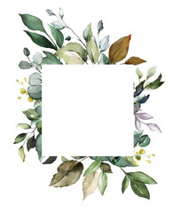 Wall Mural - Card. Watercolor invitation design with leaves. flower, background with floral elements , botanic watercolor illustration. Vintage Template.   frame