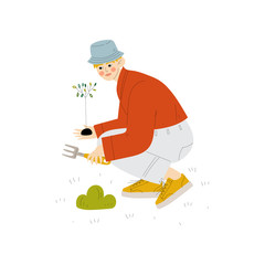 Poster - Young Man Planting Seedling, Guy Working in Garden or Farm Vector Illustration