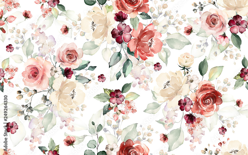 Seamless pattern with flowers and leaves. Hand drawn background.  floral pattern for wallpaper or fabric. Flower rose. Botanic Tile. - obrazy, fototapety, plakaty 