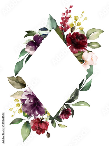 Card. Watercolor invitation design with burgundy and red roses, leaves. flowe...
