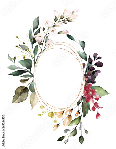 Card. Watercolor invitation design with leaves. flower, background with flora...