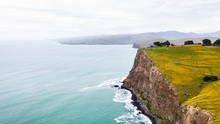 Amazing New Zealand Coastline With Great Blue Ocean And Green Fields On A Cliff, Nice Coast At Taylors Mistake Walkway