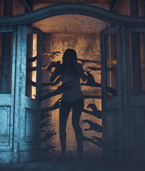 Wall Mural - House of a thousand hands,Undead hands behind the doors haunting the girl in a haunted house,3d rendering