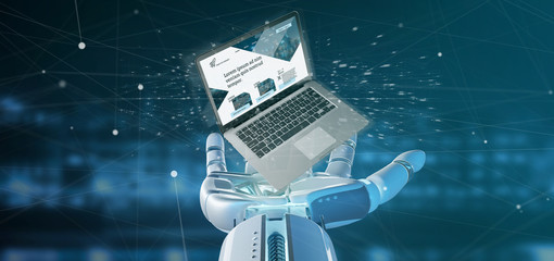 Cyborg hand holding a Laptop with business website template on the screen isolated on a background