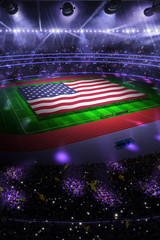 Wall Mural - people hold USA flag in stadium arena. field 3d photorealistic render illustration