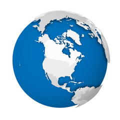 Poster - Earth globe. 3D world map with grey political map of countries dropping shadows on blue seas and oceans. Vector illustration