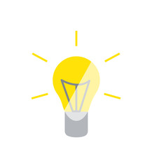 Lightbulb glowing yellow icon, lamp symbol of light, creating new idea. Simple bright glass bulb, colorful illuminated element with lines flat vector
