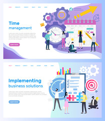 Poster - time management and implementing business solutions vector. calendar and clock, organizer and notepa
