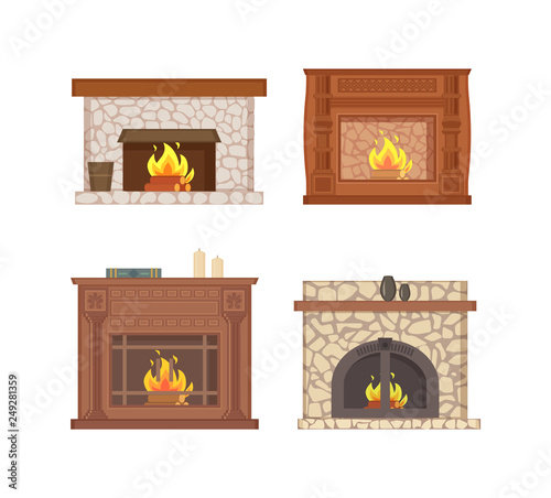 Fireplace With Bucket And Shelf For Vase Decor Vector Isolated