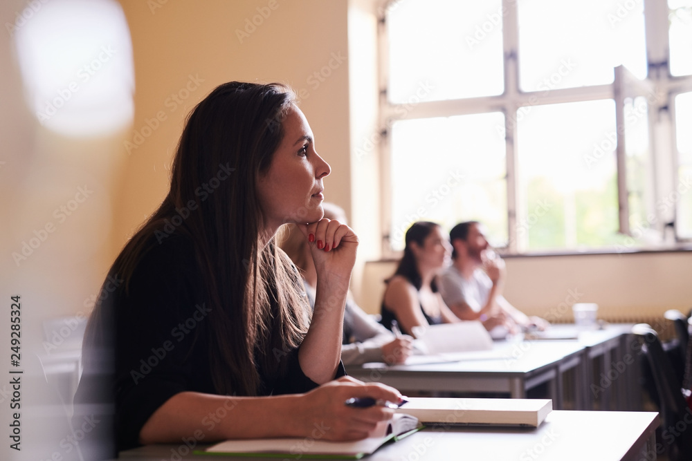 Side view of brunette woman sitting in classroom Stock Photo | Adobe Stock