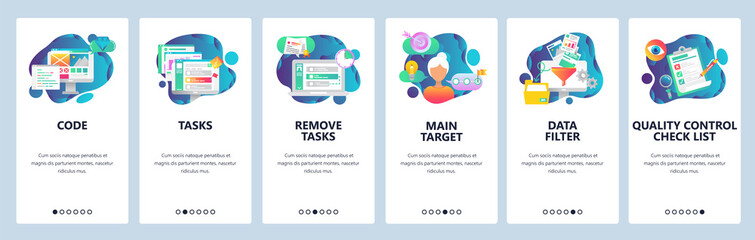 Poster - Web site onboarding screens. Task management, quality control and data filtering. Menu vector banner template for website and mobile app development. Modern design flat illustration.