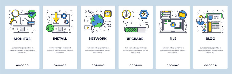 Web site onboarding screens. Computer software download, install and upgrade. Menu vector banner template for website and mobile app development. Modern design flat illustration.