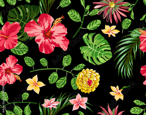 Tropical flowers pattern hibiscus with palm leaf