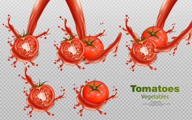 Tomatoes splash isolated Vector realistic. Detailed 3d illustration template for label, icon, product placements