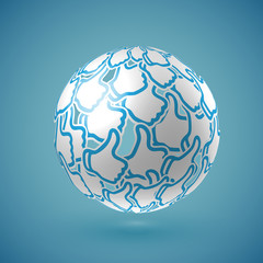 Blue realistic shaded 'thumbs up' globe with connections, vector illustration