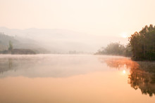 Pa Khong Lake In The Morning Mist.