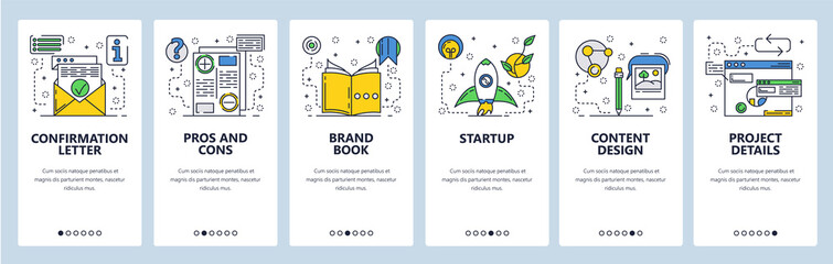 Web site onboarding screens. New project launch, pros and cons. Menu vector banner template for website and mobile app development. Modern design flat illustration.