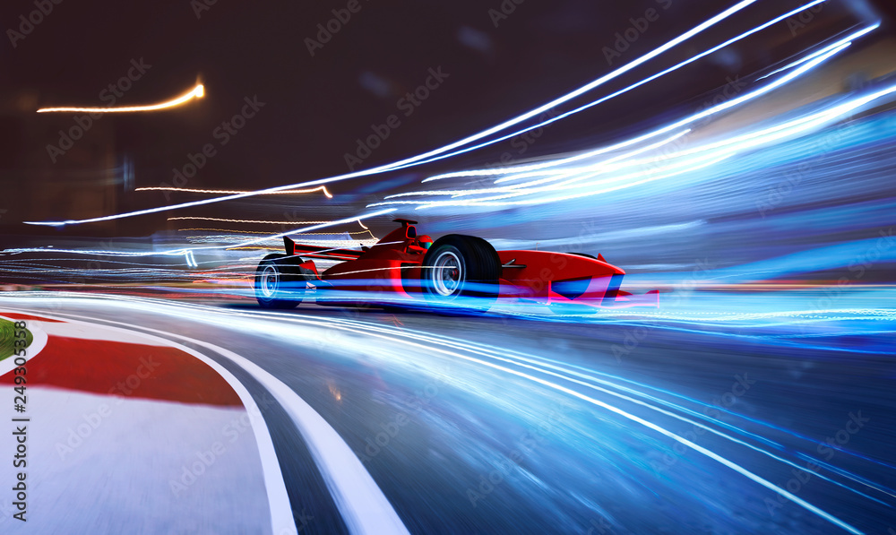 Sport racing car fast driving to achieve the champion dreame , motion blur and lighting effect apply . 3D rendering and mixed media composition - obrazy, fototapety, plakaty 