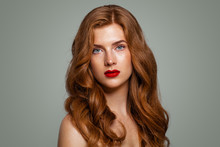 Authentic Redhead Girl. Elegant Red Head Woman With Curly Hairstyle, Portrait