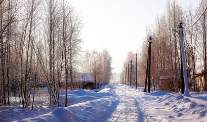 Wall Mural - Beautiful winter landscape - rural road on a Sunny day