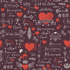 Poster - Vector seamless background with red hearts, keys, keyholes, cupids and love theme letterings. Abstract background in retro style with hand written declarations of love in different languages.