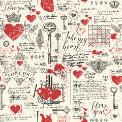 Poster - Vector seamless background on the theme of Declaration of love and Valentine's day in retro style. Abstract background with red hearts, keys, keyholes, cupids and handwritten inscriptions.