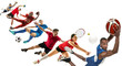 © master1305 - Attack. Sport collage about soccer, american football, basketball, volleyball, tennis, rugby, handball players with balls isolated on white background with copy space
