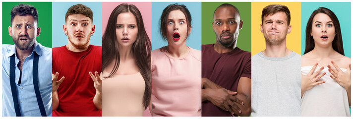 Wall Mural - The collage of faces of surprised people on colored backgrounds. Happy men and women smiling. Human emotions, facial expression concept. collage of different human facial expressions, emotions