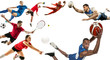© master1305 - Attack. Sport collage about soccer, american football, basketball, volleyball, tennis, rugby, handball players with balls isolated on white background with copy space