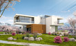 © korisbo - 3d rendering of modern cozy house by the river with garage. Fresh spring day with a blooming garden. For sale or rent with flowers of sakura on background
